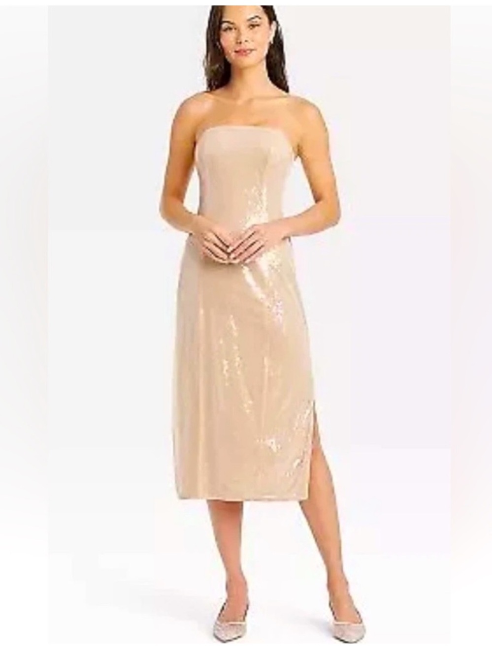 a new day Strapless Champagne Sequin Midi Dress Side Slit NWT L